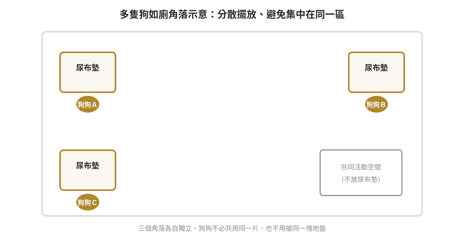 多隻狗家庭尿布墊怎麼買?尺寸與用量換算懶人包 多隻狗如廁角落擺放示意圖:三個角落分散放置尿布墊,避免集中在同一區域