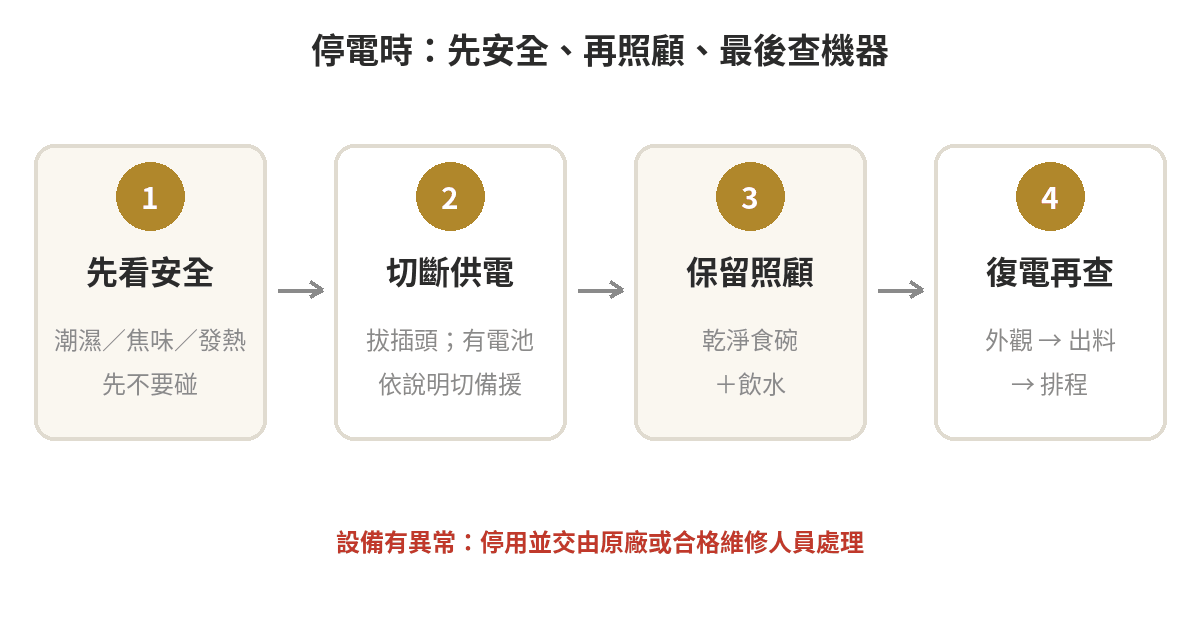 停電或外出忘記停用餵食器?緊急處理方法 自動餵食器停電處理流程:先確認人身安全,再拔除電源並保留食碗與水碗,復電後檢查外觀、出料與餵食排程