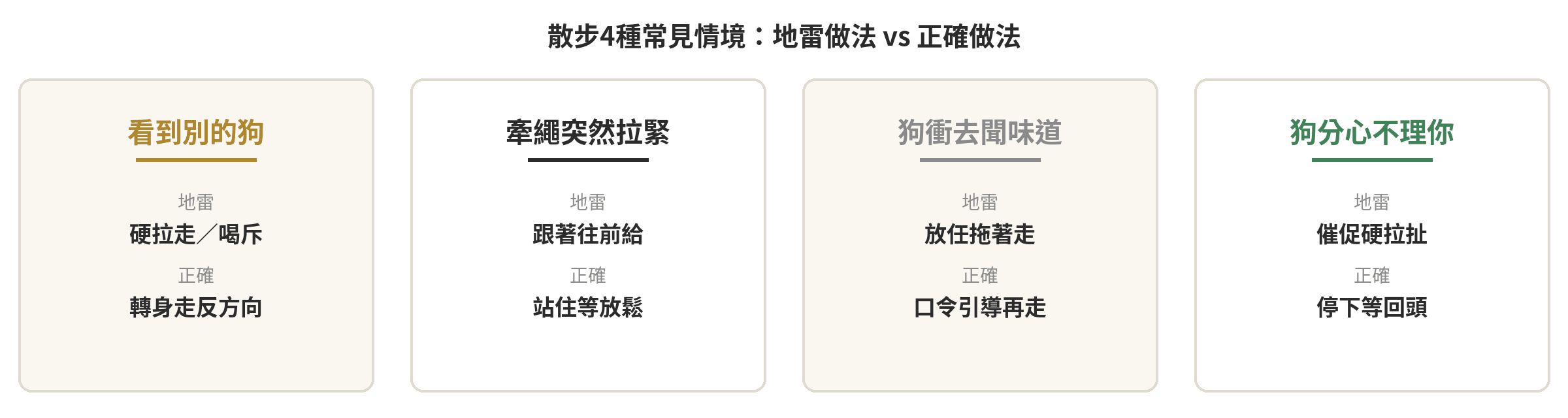 狗狗暴衝怎麼訓練?牽繩基礎服從訓練5步驟 散步4種常見情境地雷做法vs正確做法對照卡:看到別的狗、牽繩突然拉緊、狗衝去聞味道、狗分心不理你