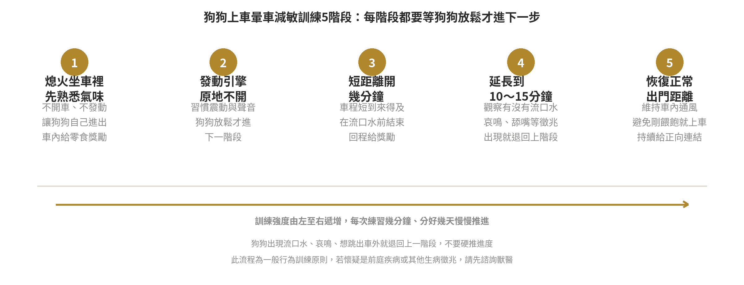 狗狗上車暈車減敏訓練5階段示意圖：熄火坐車、發動引擎、短距離、10到15分鐘、恢復正常距離
