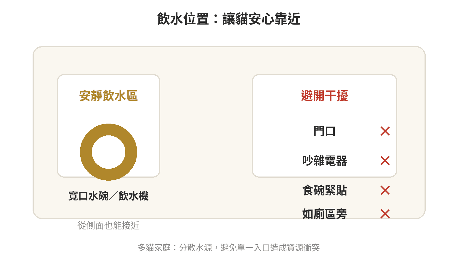 貓咪喝水量不夠?飲水機和水碗這樣挑 貓咪飲水位置的安靜區、可接近方向與應避開的干擾示意圖